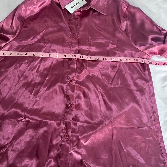 ✨Pausus Womens Small Blouse Pink Satin Silk Button Up Long Sleeve Shirt Top NWT - Picture 5 of 7